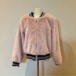 TRULY ME by Sara Sara Pink Faux Fur Love Sequin Bomber Jacket Size 6
